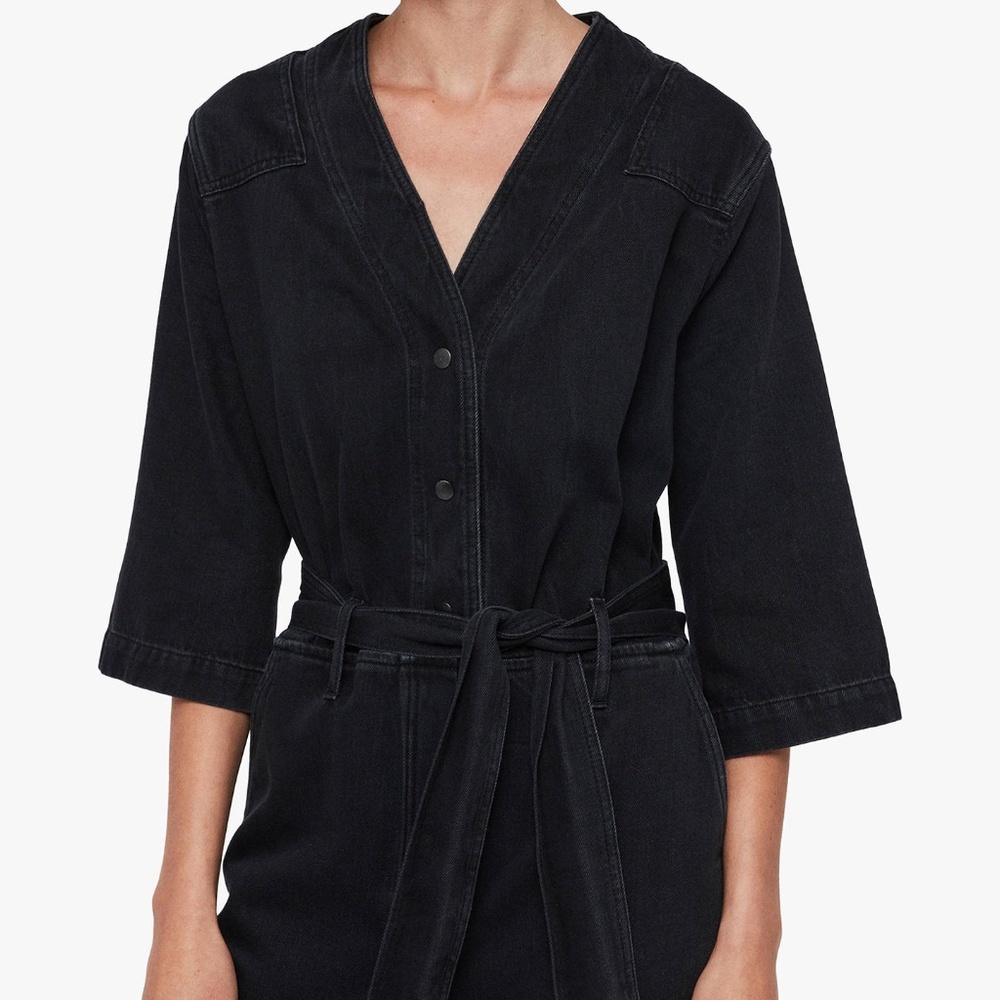 AllSaints Washed Black Denim Belted Jumpsuit